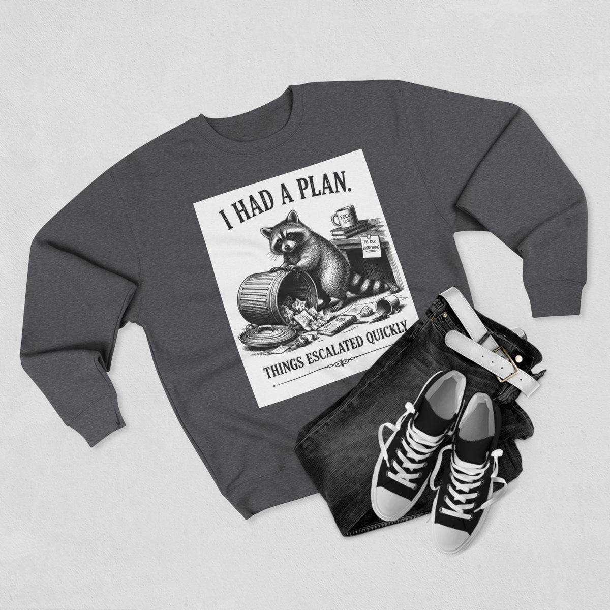 Funny Raccoon Sweatshirt — 'I Had a Plan' Graphic Crewneck