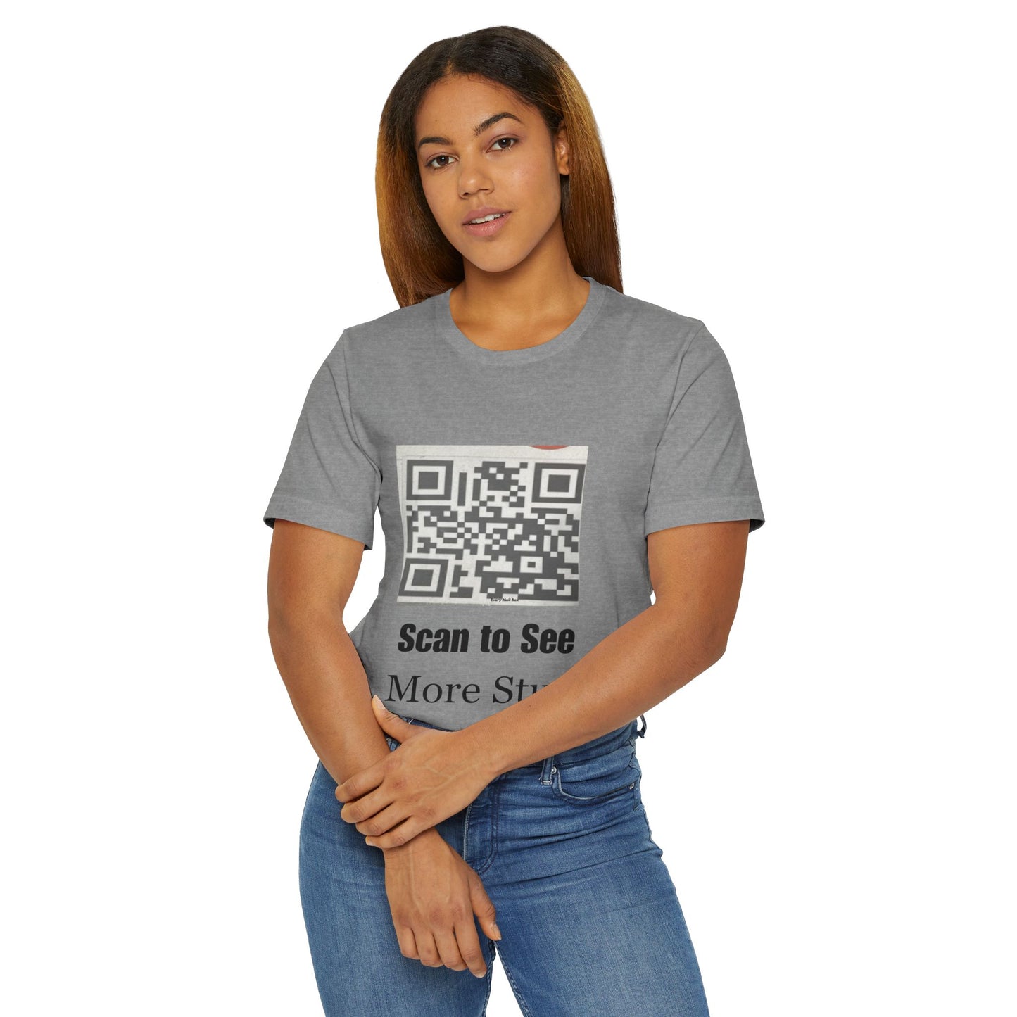 Person wearing a gray t-shirt with a QR code and text on a white background