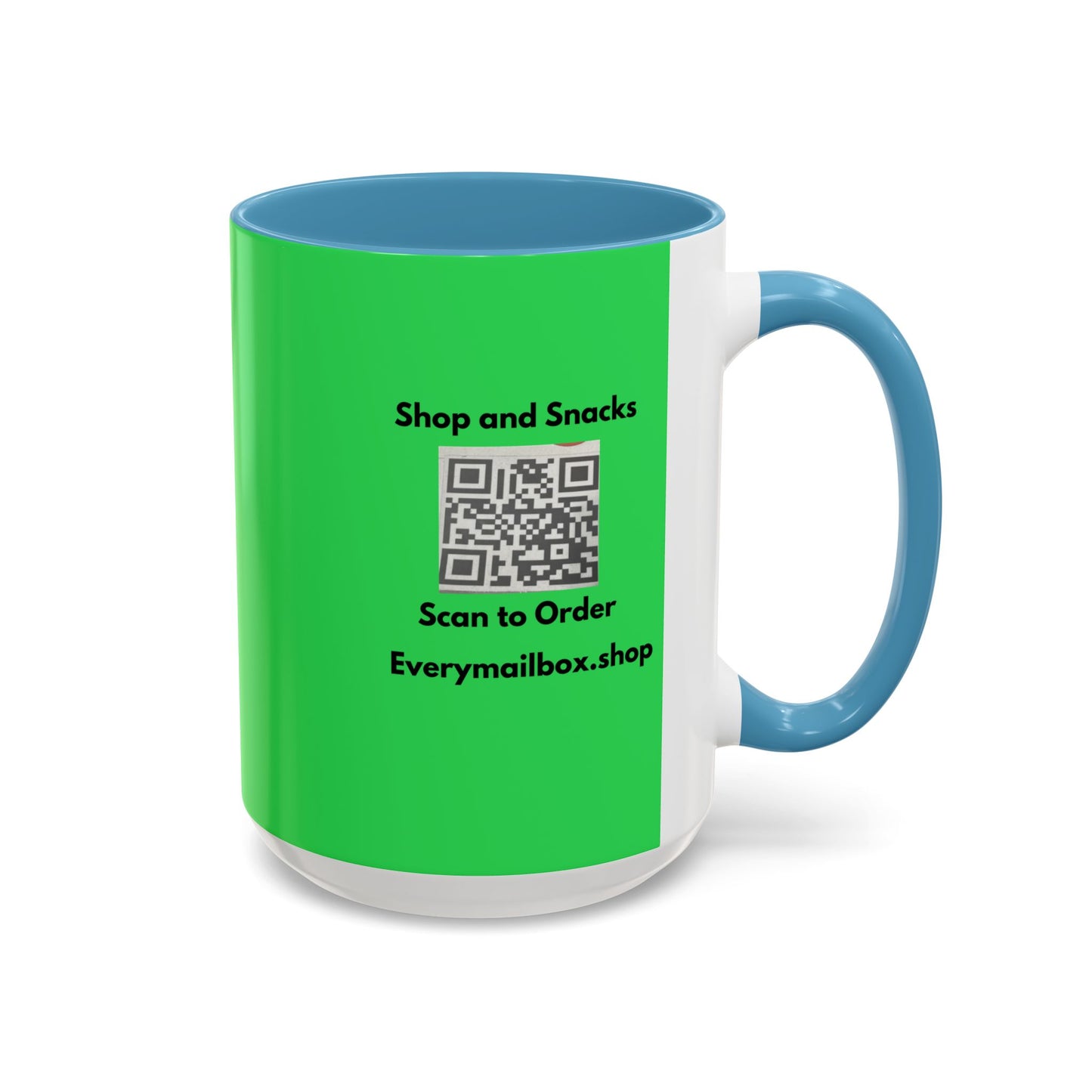 Accent Coffee Mug — 'Shop and Snacks' QR Code Promotional Coffee Mug (11/15 oz)