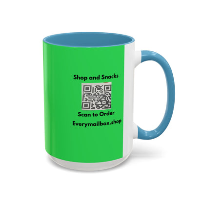 Accent Coffee Mug — 'Shop and Snacks' QR Code Promotional Coffee Mug (11/15 oz)