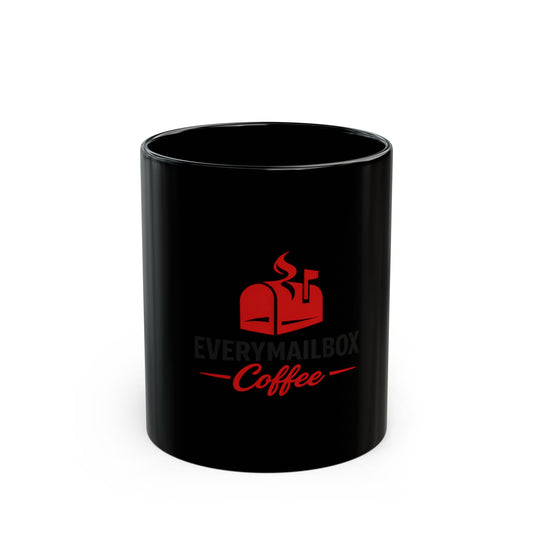 EveryMailbox Coffee Black Mug – Bold Red Logo Ceramic Coffee Cup (11oz & 15oz)