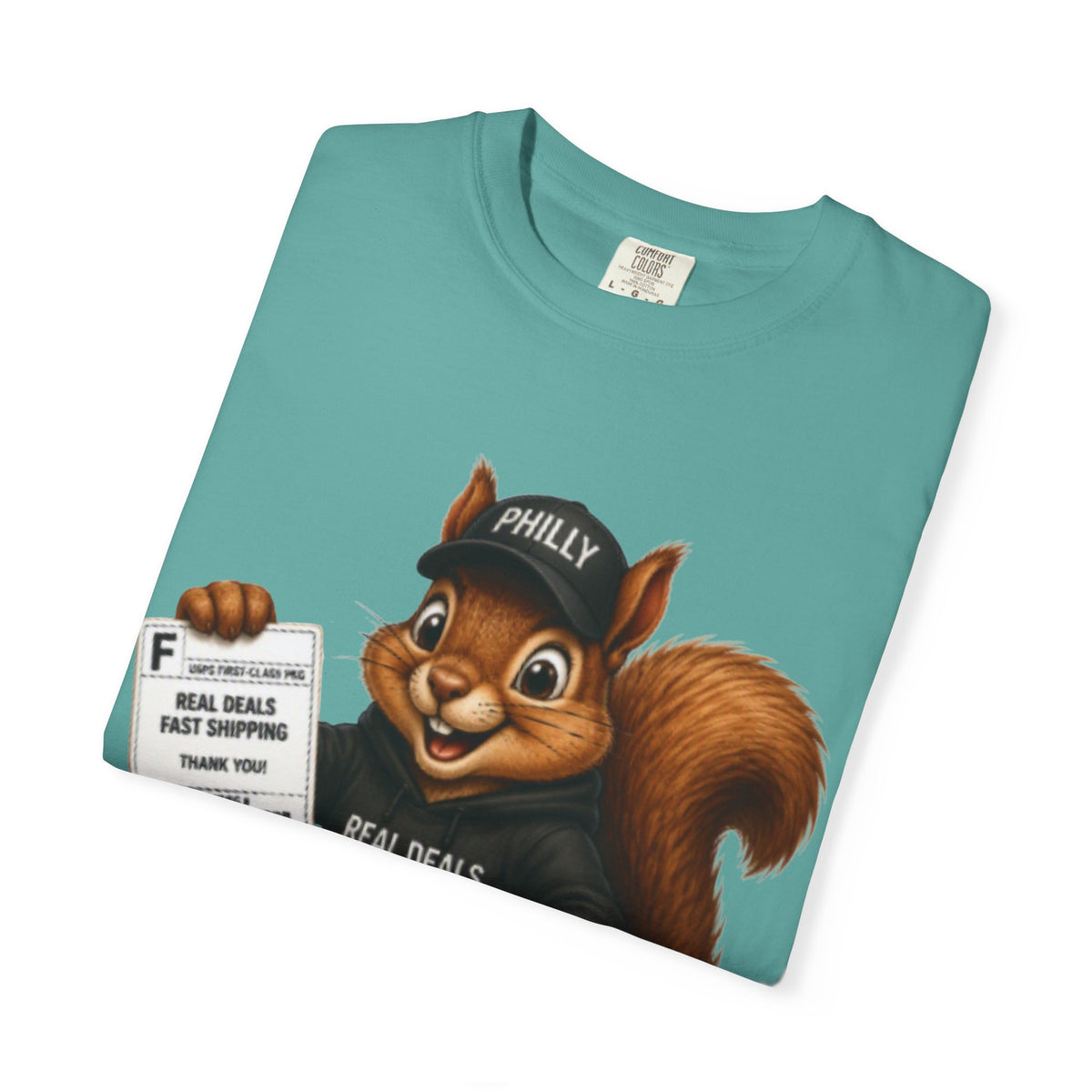 Delivery Squirrel T-Shirt — Cute Parcel Mascot Tee with 'Real Deals' Box
