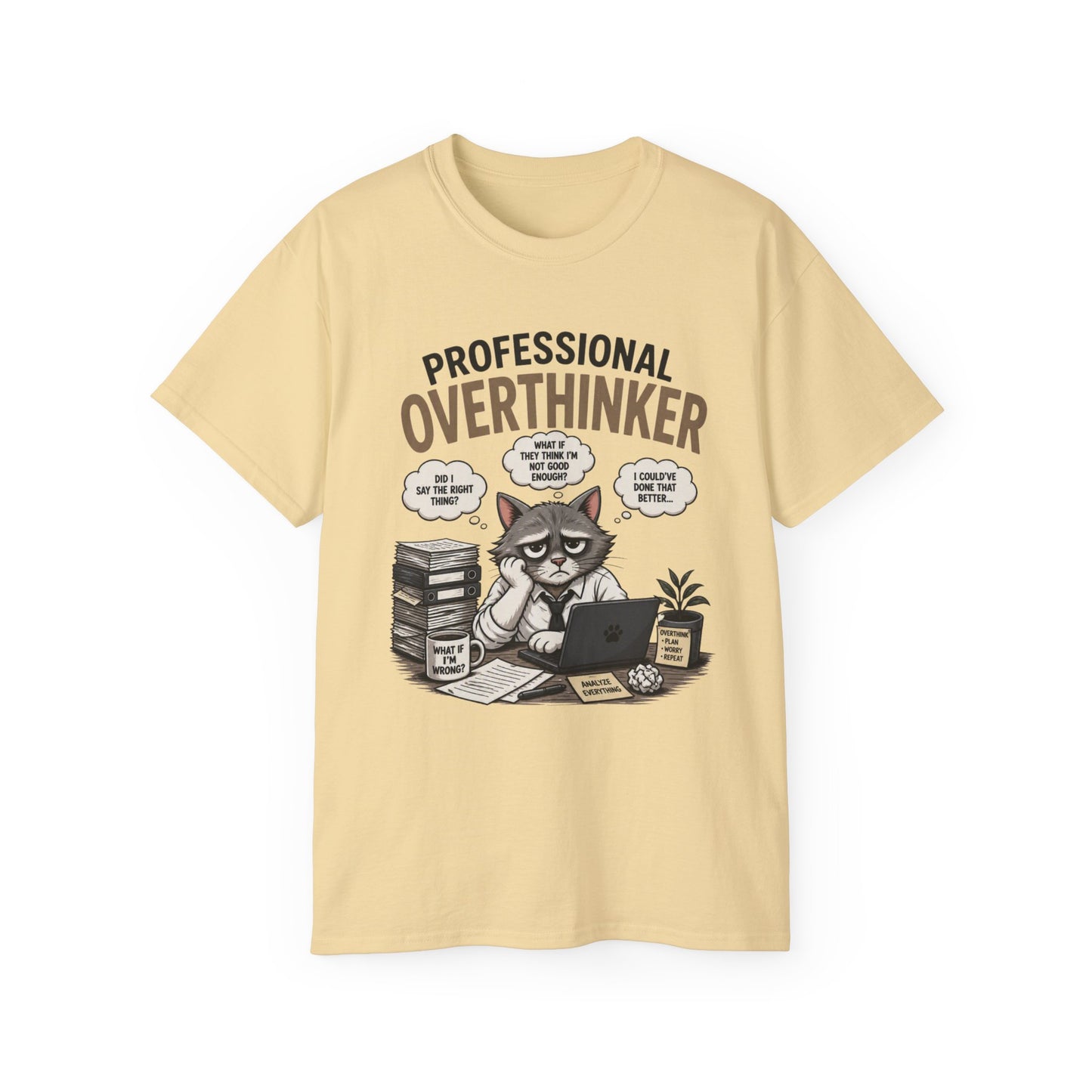Professional Overthinker T-Shirt – Funny Cat Overworking Graphic Tee