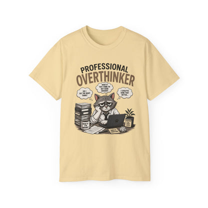 Professional Overthinker T-Shirt – Funny Cat Overworking Graphic Tee