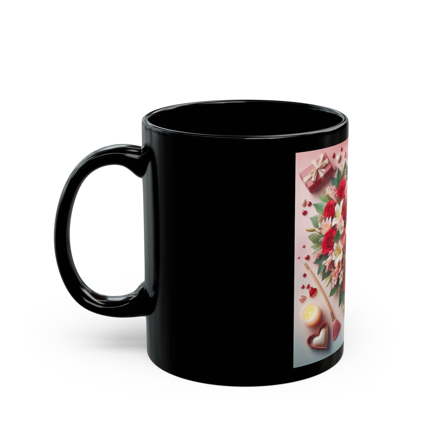 Romantic Floral Heart Black Mug - 11oz & 15oz - Perfect Gift for Valentine's Day