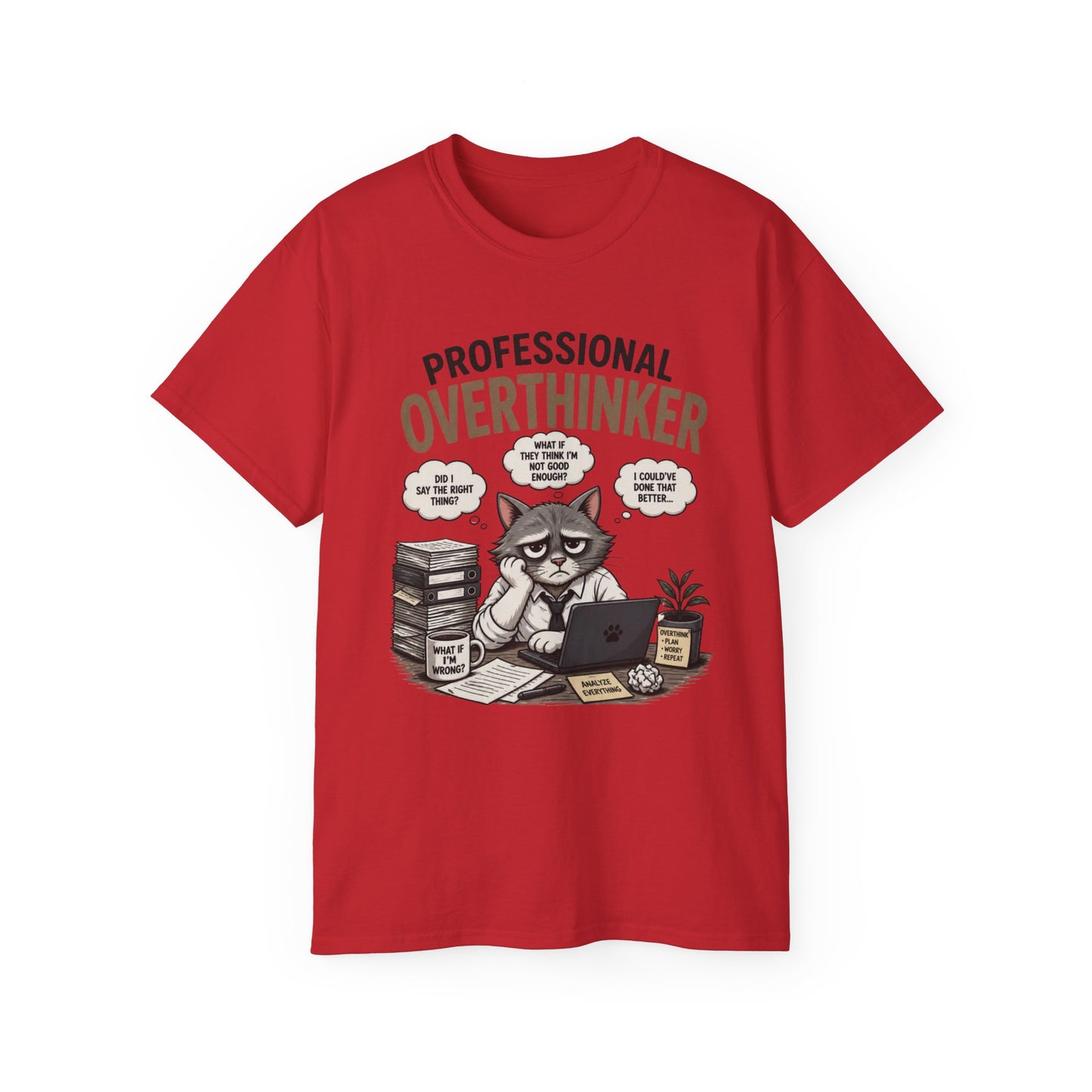 Professional Overthinker T-Shirt – Funny Cat Overworking Graphic Tee