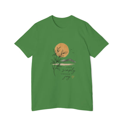 Inspirational Graphic T-Shirt — "Live Simply, Choose Joy" Sun & Botanical Design