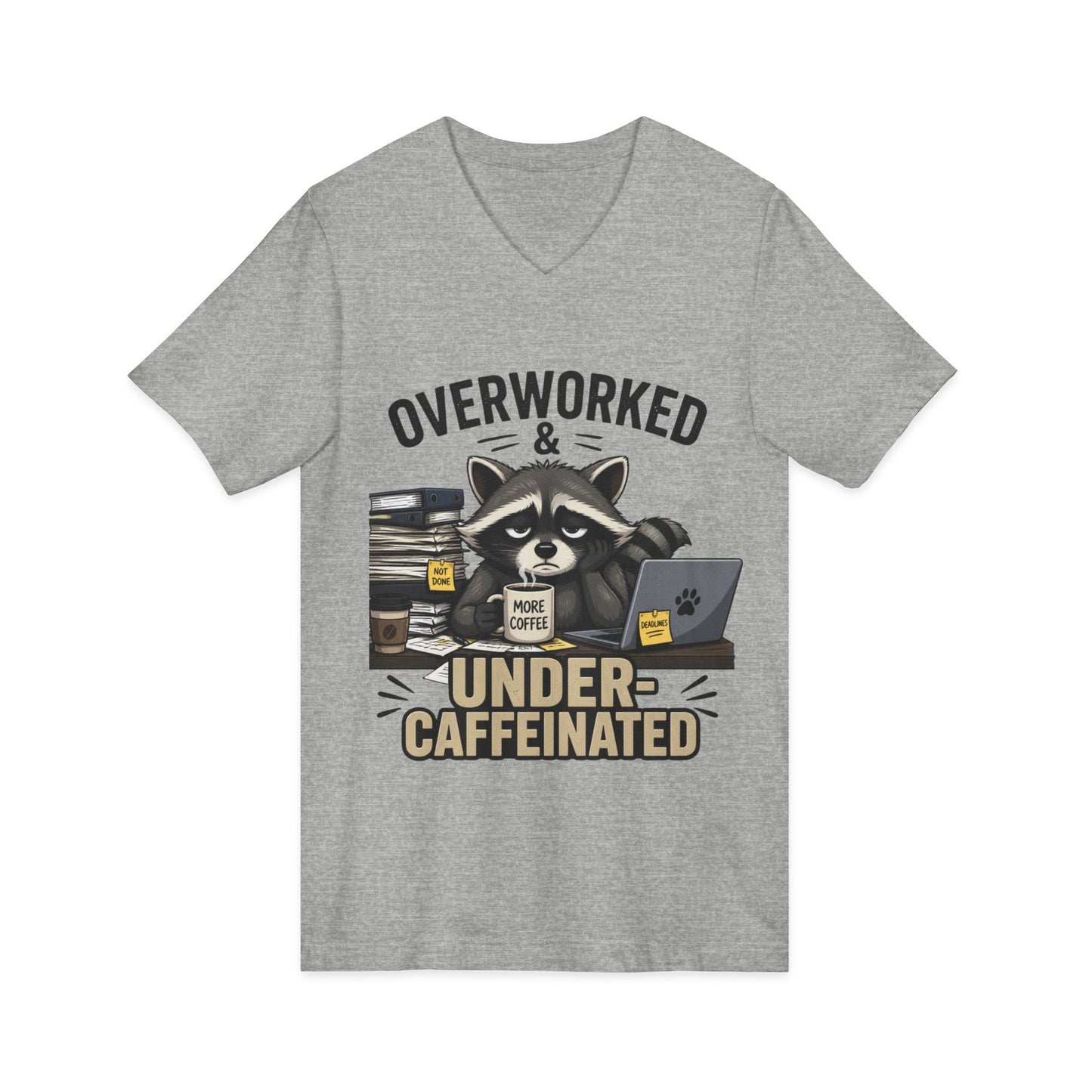 Overworked & Under-Caffeinated V-Neck Tee – Cute Raccoon Coffee Shirt