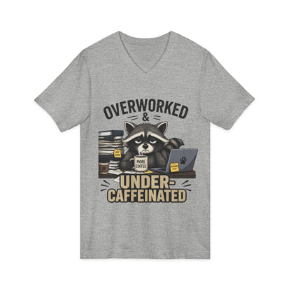 Overworked & Under-Caffeinated V-Neck Tee – Cute Raccoon Coffee Shirt