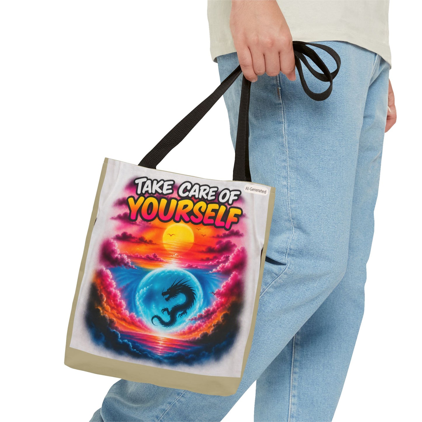 Take Care of Yourself Tote Bag – Sunset Dragon Motivational AOP Beach Tote