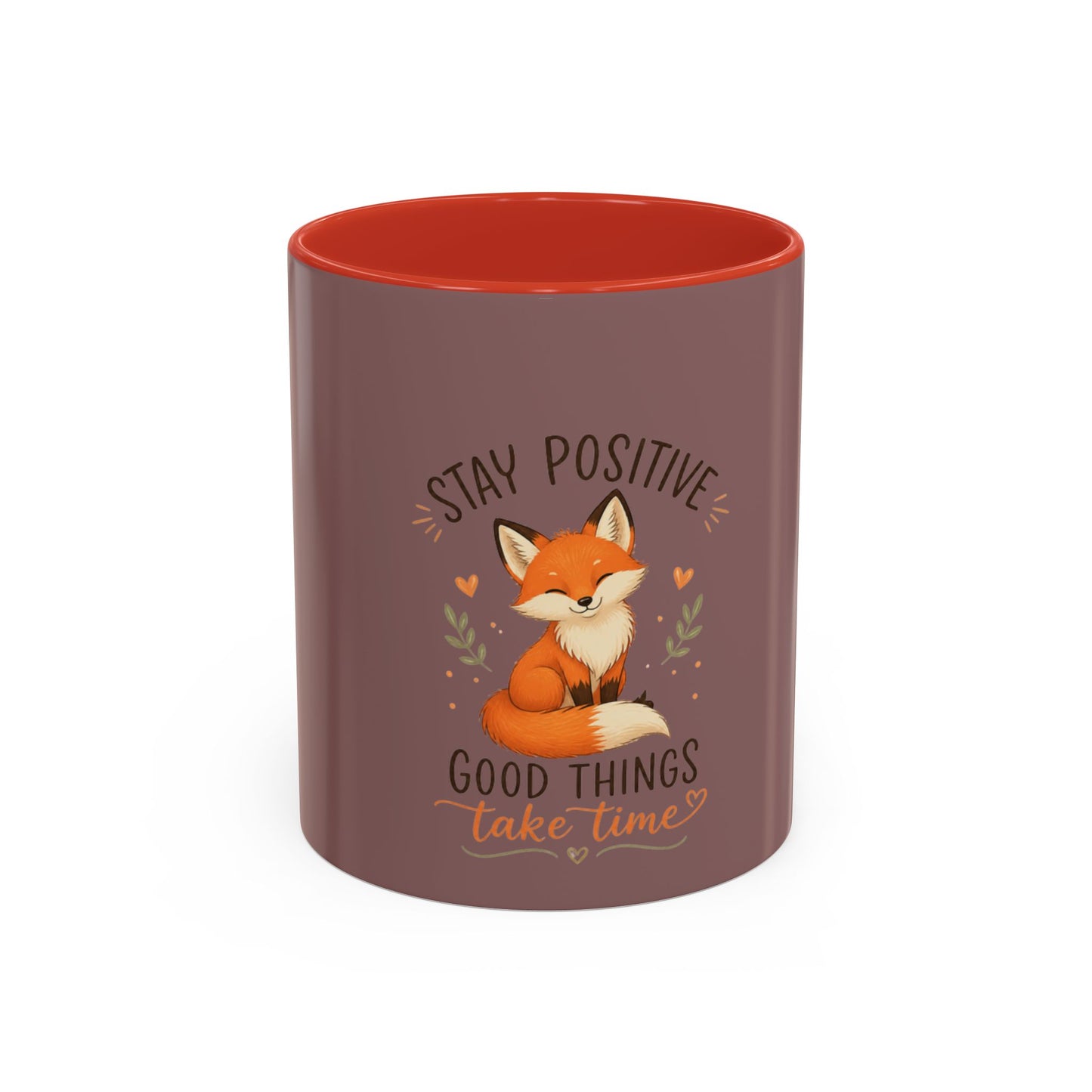 Stay Positive Fox Coffee Mug – 'Good Things Take Time' Inspirational Accent Mug