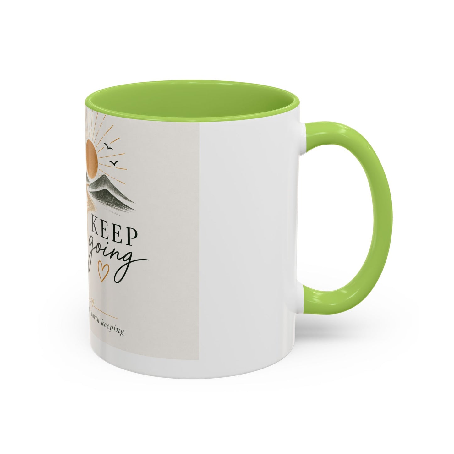 Keep Going Accent Coffee Mug — Inspirational Morning Mug with Sun & Mountains Design (11/15 oz)