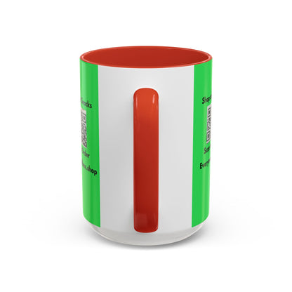 Accent Coffee Mug — 'Shop and Snacks' QR Code Promotional Coffee Mug (11/15 oz)