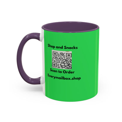 Accent Coffee Mug — 'Shop and Snacks' QR Code Promotional Coffee Mug (11/15 oz)