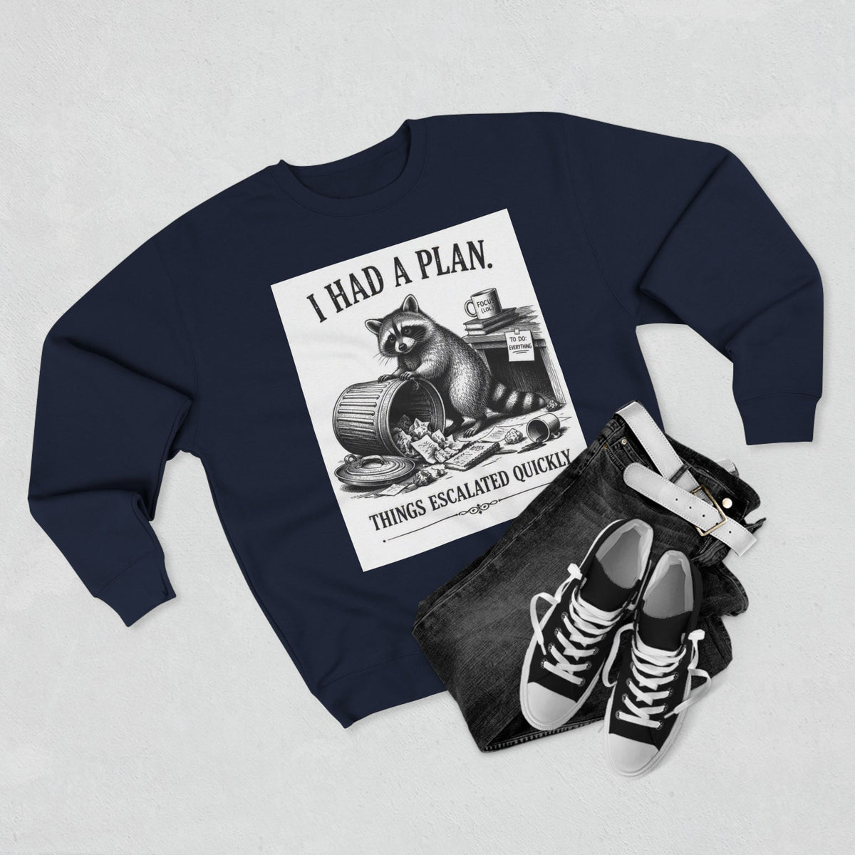 Funny Raccoon Sweatshirt — 'I Had a Plan' Graphic Crewneck