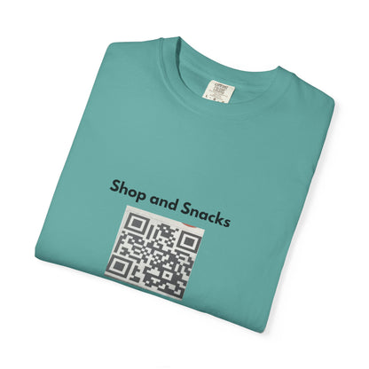 QR Code Promo T-Shirt — "Shop and Snacks" Scan to Order Tee