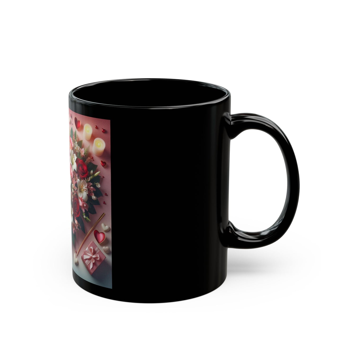 Romantic Floral Heart Black Mug - 11oz & 15oz - Perfect Gift for Valentine's Day