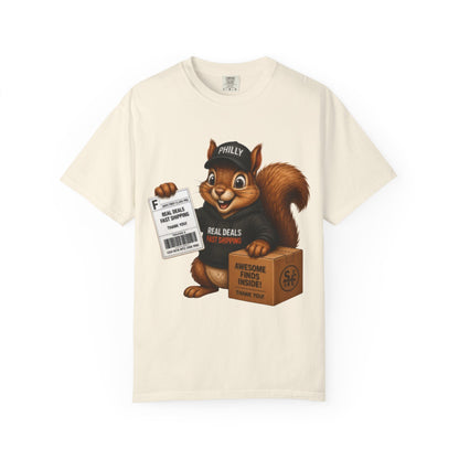 Delivery Squirrel T-Shirt — Cute Parcel Mascot Tee with 'Real Deals' Box