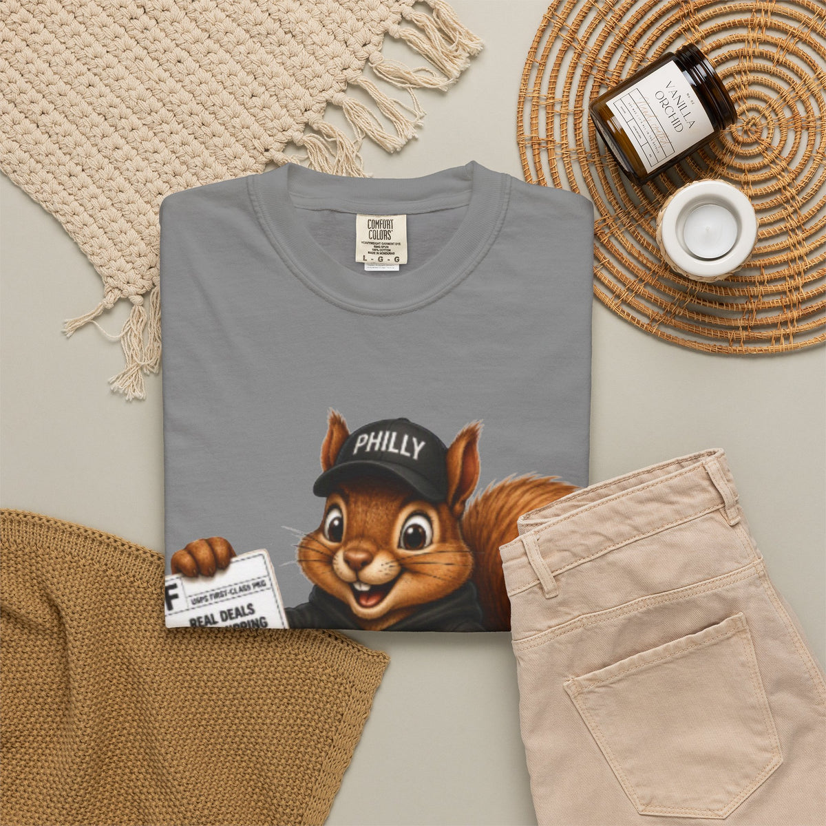 Delivery Squirrel T-Shirt — Cute Parcel Mascot Tee with 'Real Deals' Box