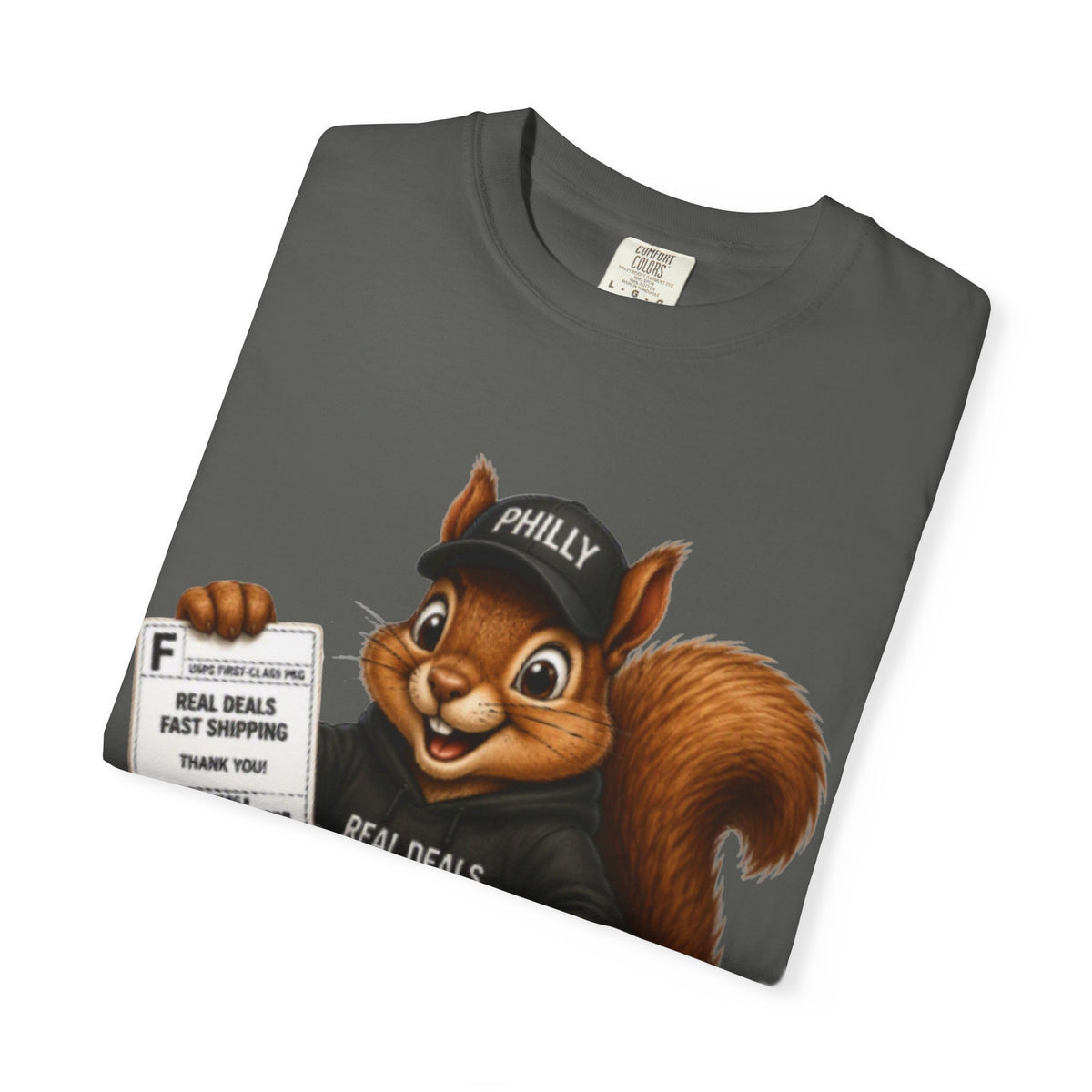 Delivery Squirrel T-Shirt — Cute Parcel Mascot Tee with 'Real Deals' Box