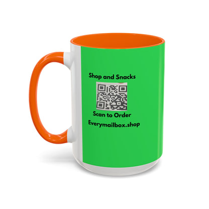 Accent Coffee Mug — 'Shop and Snacks' QR Code Promotional Coffee Mug (11/15 oz)