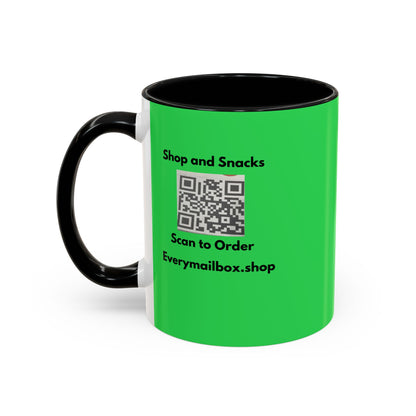 Accent Coffee Mug — 'Shop and Snacks' QR Code Promotional Coffee Mug (11/15 oz)