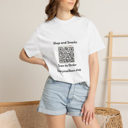 QR Code Promo T-Shirt — "Shop and Snacks" Scan to Order Tee