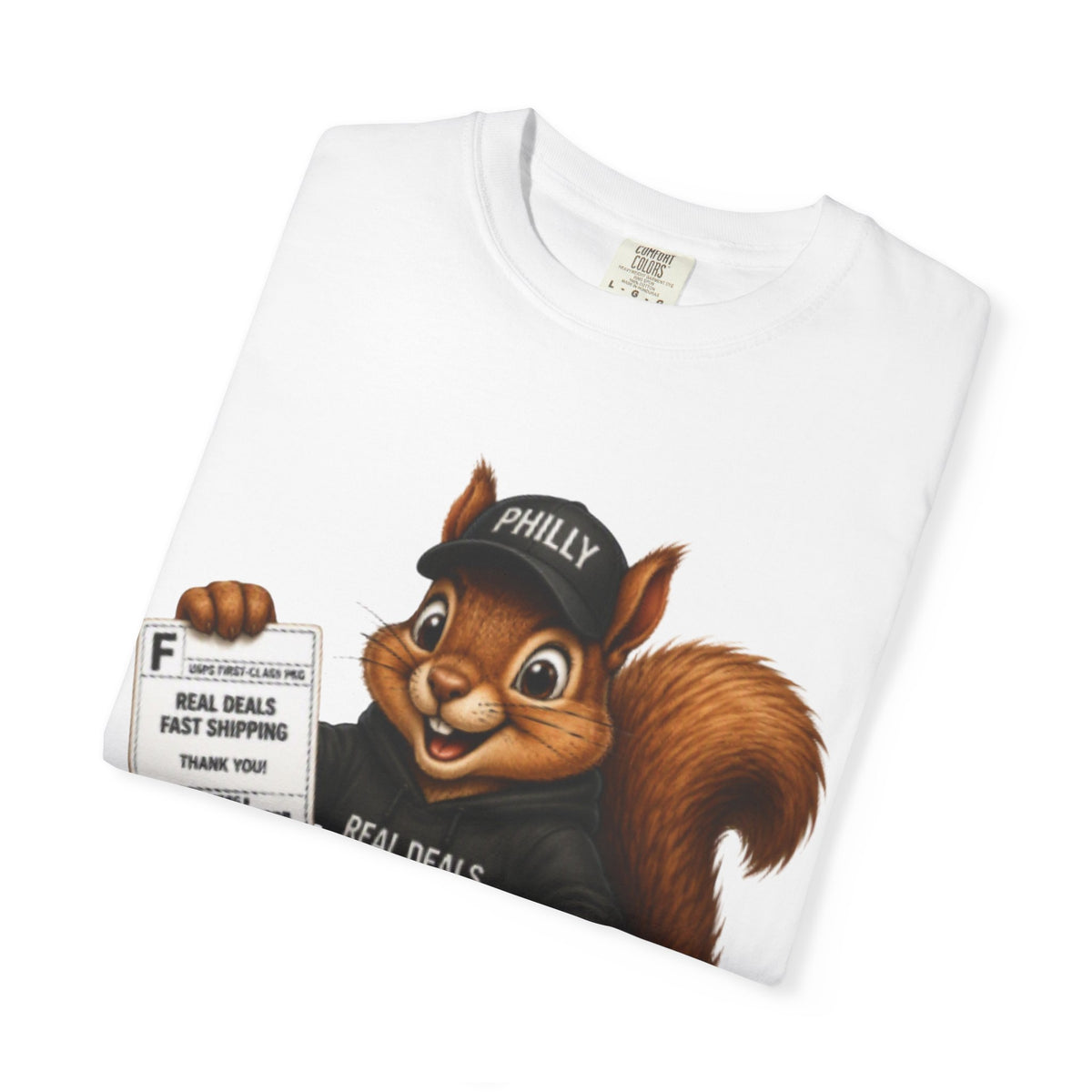 Delivery Squirrel T-Shirt — Cute Parcel Mascot Tee with 'Real Deals' Box