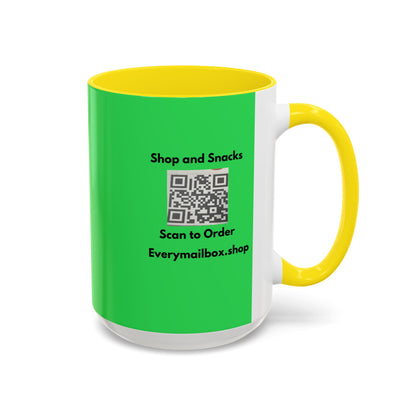 Accent Coffee Mug — 'Shop and Snacks' QR Code Promotional Coffee Mug (11/15 oz)