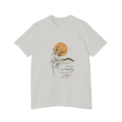 Inspirational Graphic T-Shirt — "Live Simply, Choose Joy" Sun & Botanical Design
