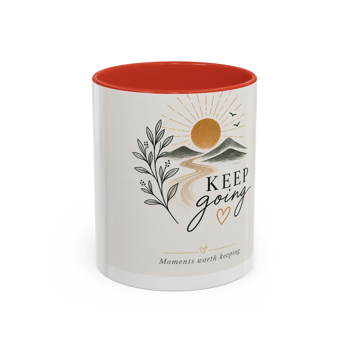 Keep Going Accent Coffee Mug — Inspirational Morning Mug with Sun & Mountains Design (11/15 oz)