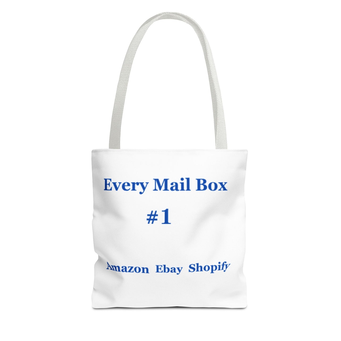 Promotional tote bag for Every Mail Box, highlighting #1 seller status across Amazon, eBay, and Shopify