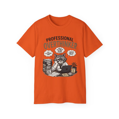 Professional Overthinker T-Shirt – Funny Cat Overworking Graphic Tee