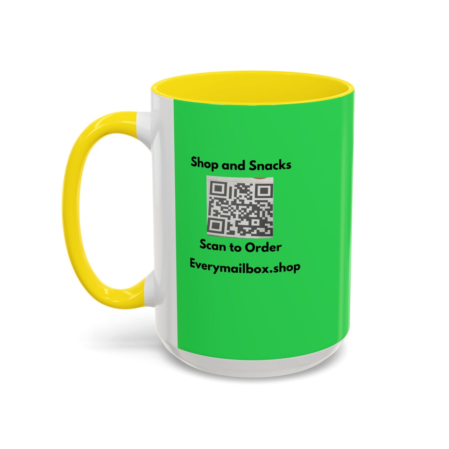 Accent Coffee Mug — 'Shop and Snacks' QR Code Promotional Coffee Mug (11/15 oz)