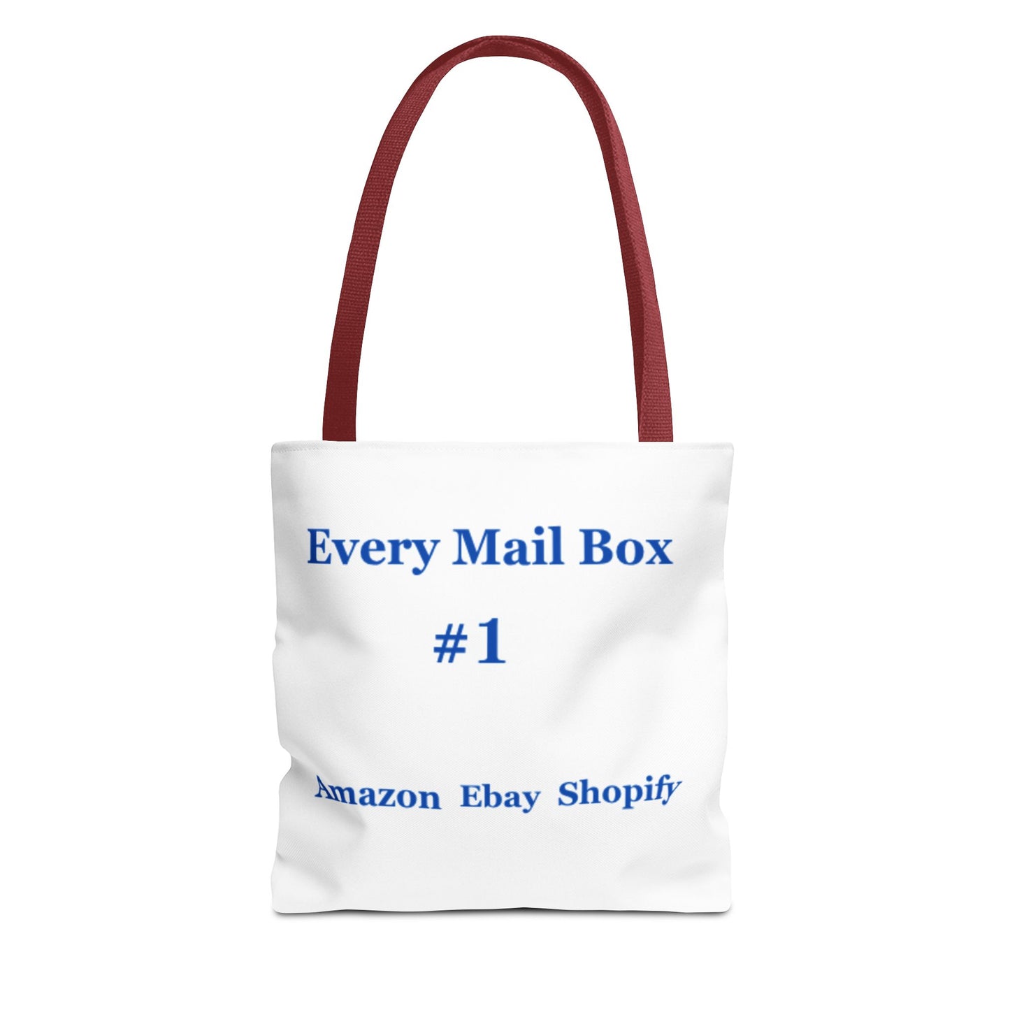 Branded EveryMailbox.shop tote bag promoting top e-commerce platforms in bold blue lettering