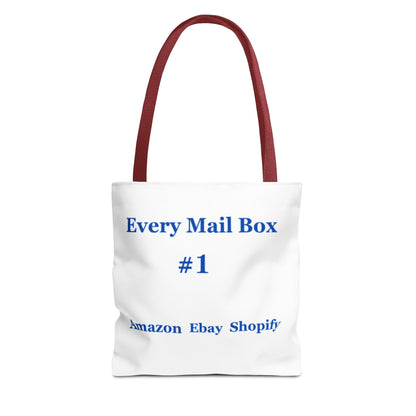 Branded EveryMailbox.shop tote bag promoting top e-commerce platforms in bold blue lettering