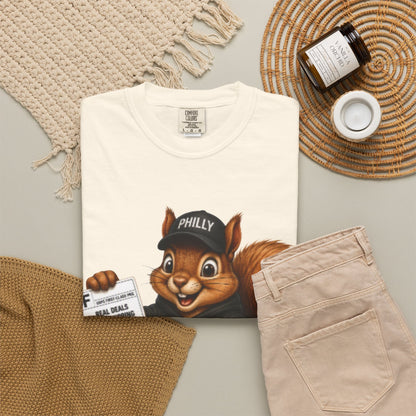 Delivery Squirrel T-Shirt — Cute Parcel Mascot Tee with 'Real Deals' Box