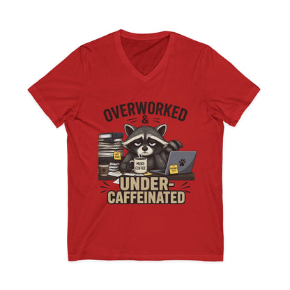 Overworked & Under-Caffeinated V-Neck Tee – Cute Raccoon Coffee Shirt