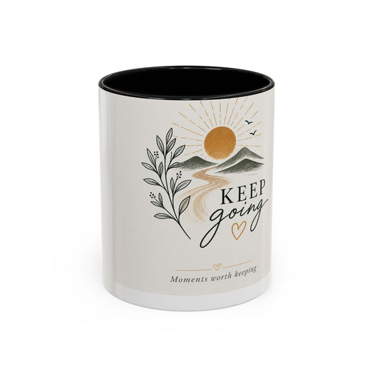 Keep Going Accent Coffee Mug — Inspirational Morning Mug with Sun & Mountains Design (11/15 oz)
