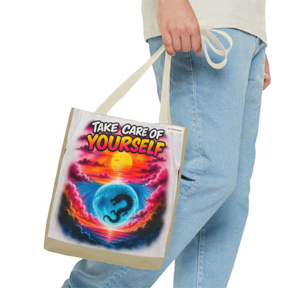 Take Care of Yourself Tote Bag – Sunset Dragon Motivational AOP Beach Tote