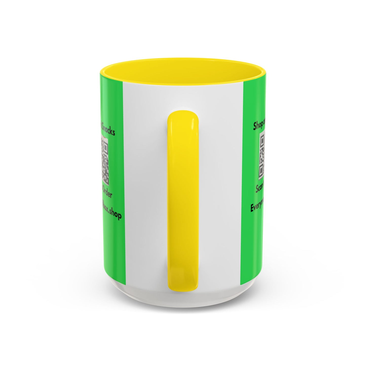 Accent Coffee Mug — 'Shop and Snacks' QR Code Promotional Coffee Mug (11/15 oz)