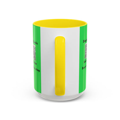Accent Coffee Mug — 'Shop and Snacks' QR Code Promotional Coffee Mug (11/15 oz)