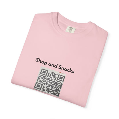 QR Code Promo T-Shirt — "Shop and Snacks" Scan to Order Tee