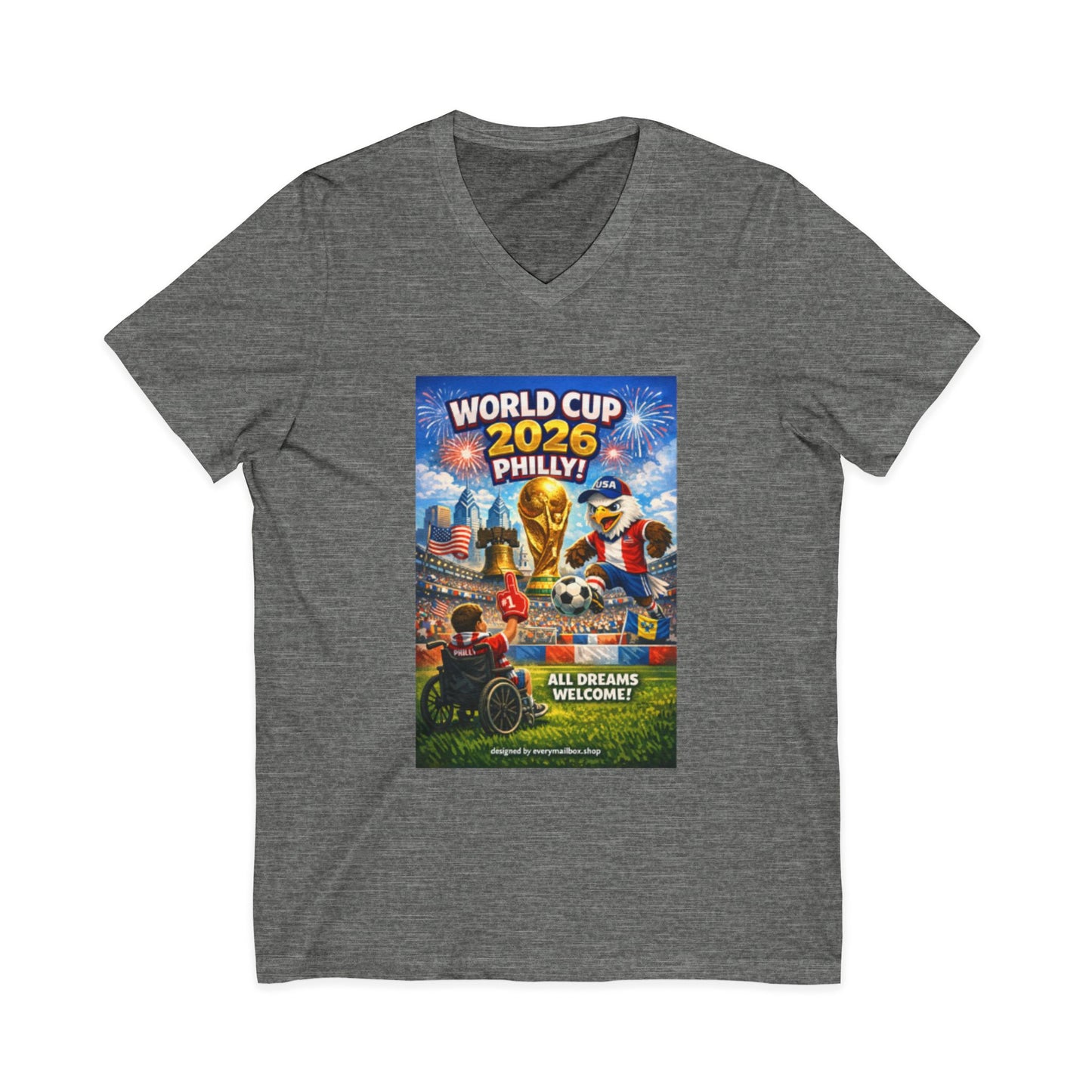 Gray t-shirt with World Cup 2026 Philly graphic on a white background