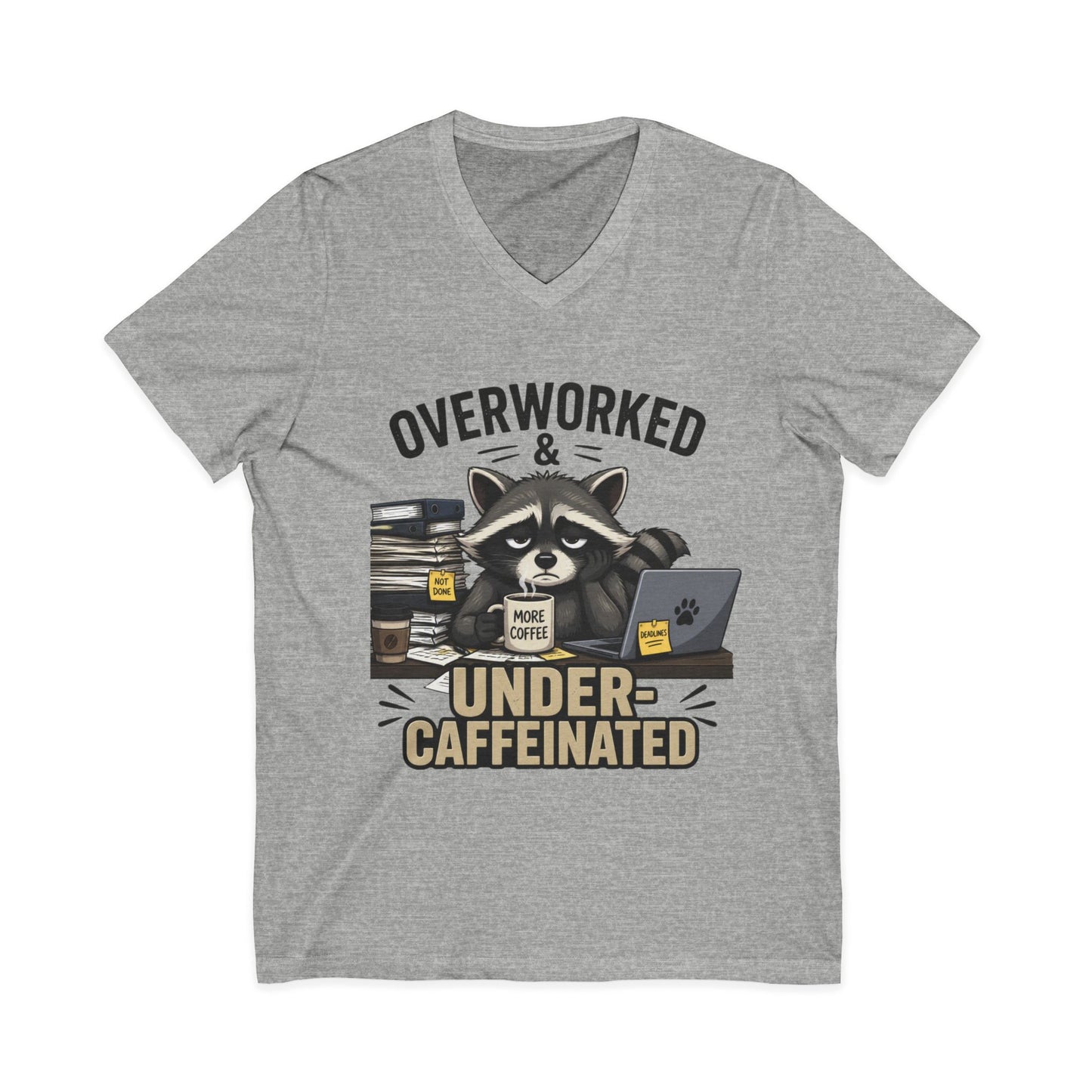 Overworked & Under-Caffeinated V-Neck Tee – Cute Raccoon Coffee Shirt