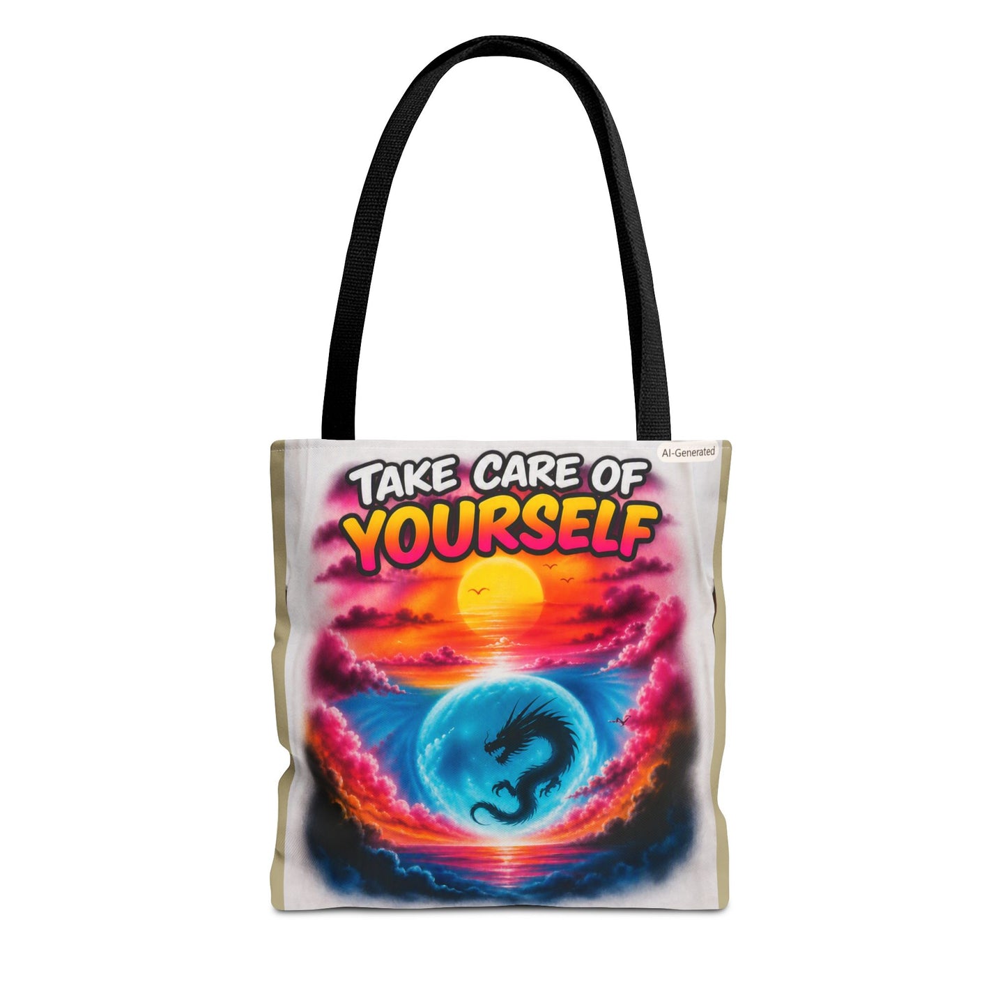 Take Care of Yourself Tote Bag – Sunset Dragon Motivational AOP Beach Tote