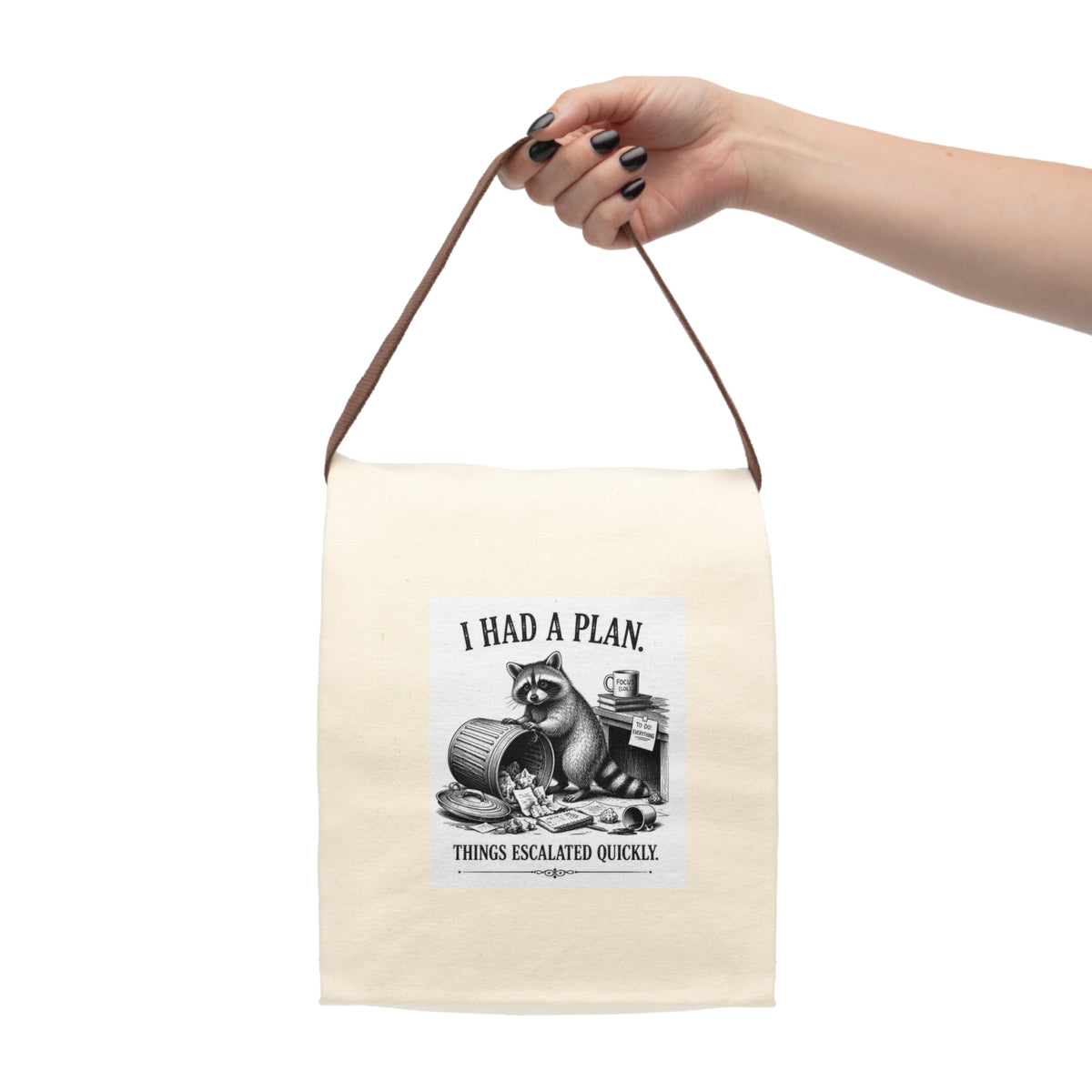 Canvas Lunch Bag — 'I Had a Plan' Raccoon Funny Lunch Tote
