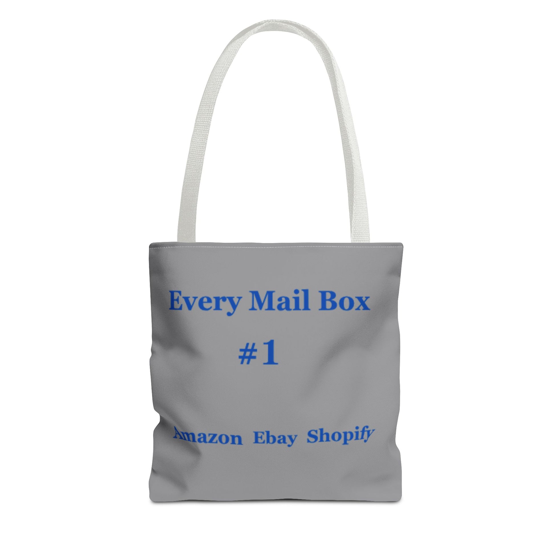 Gray tote bag with blue text on a white background
