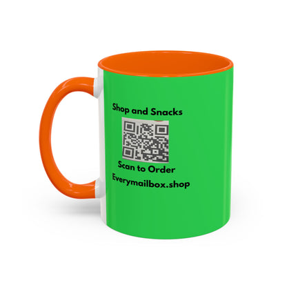 Accent Coffee Mug — 'Shop and Snacks' QR Code Promotional Coffee Mug (11/15 oz)