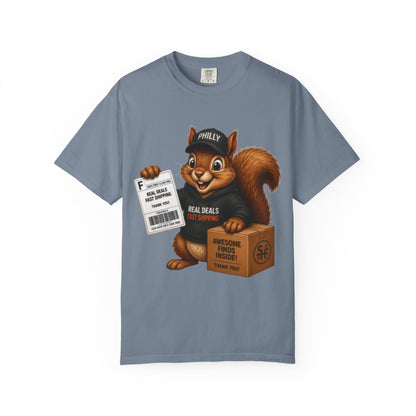 Delivery Squirrel T-Shirt — Cute Parcel Mascot Tee with 'Real Deals' Box